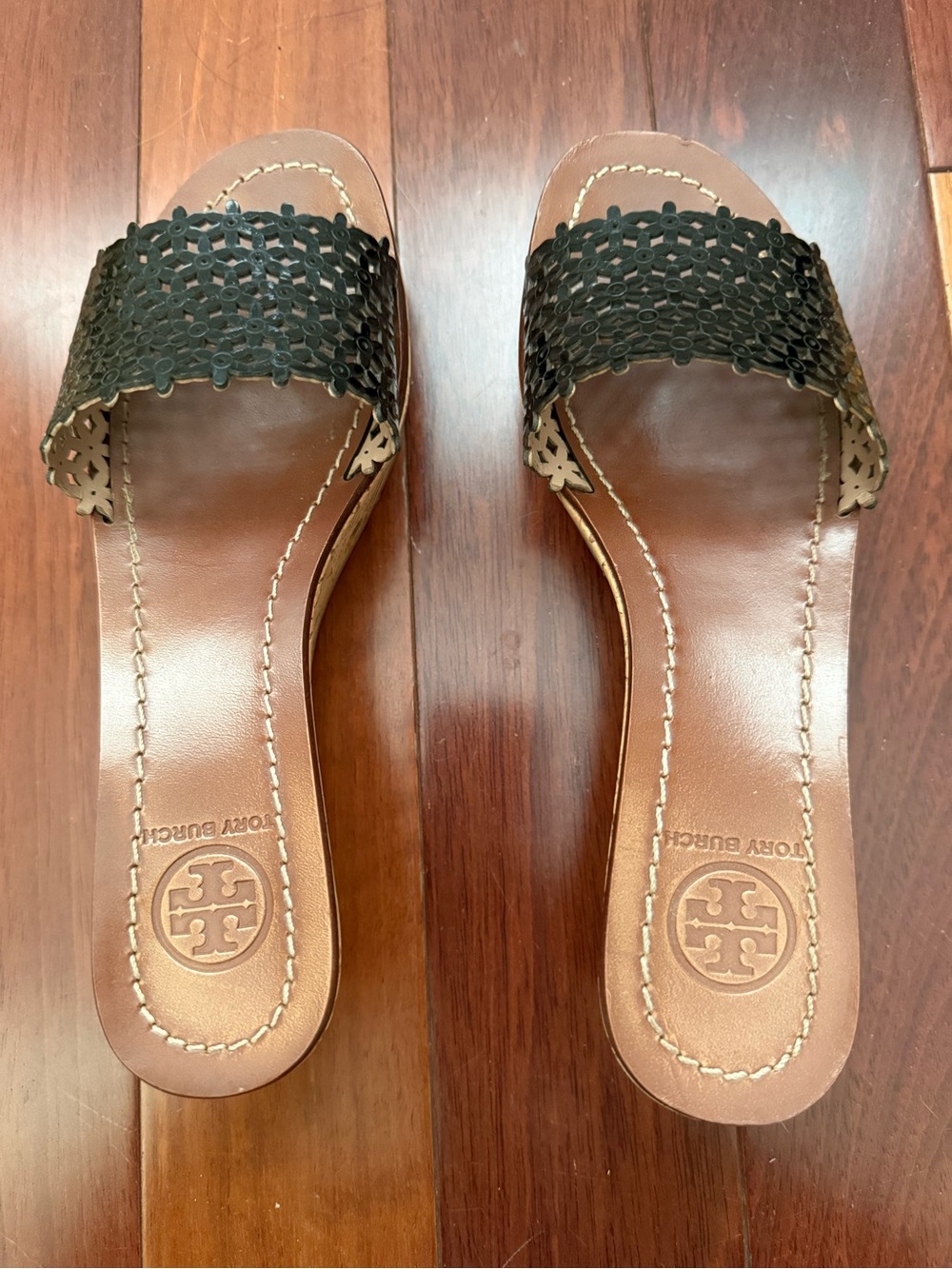 Tory Burch Brown Leather Wedge sandals with floral strap design